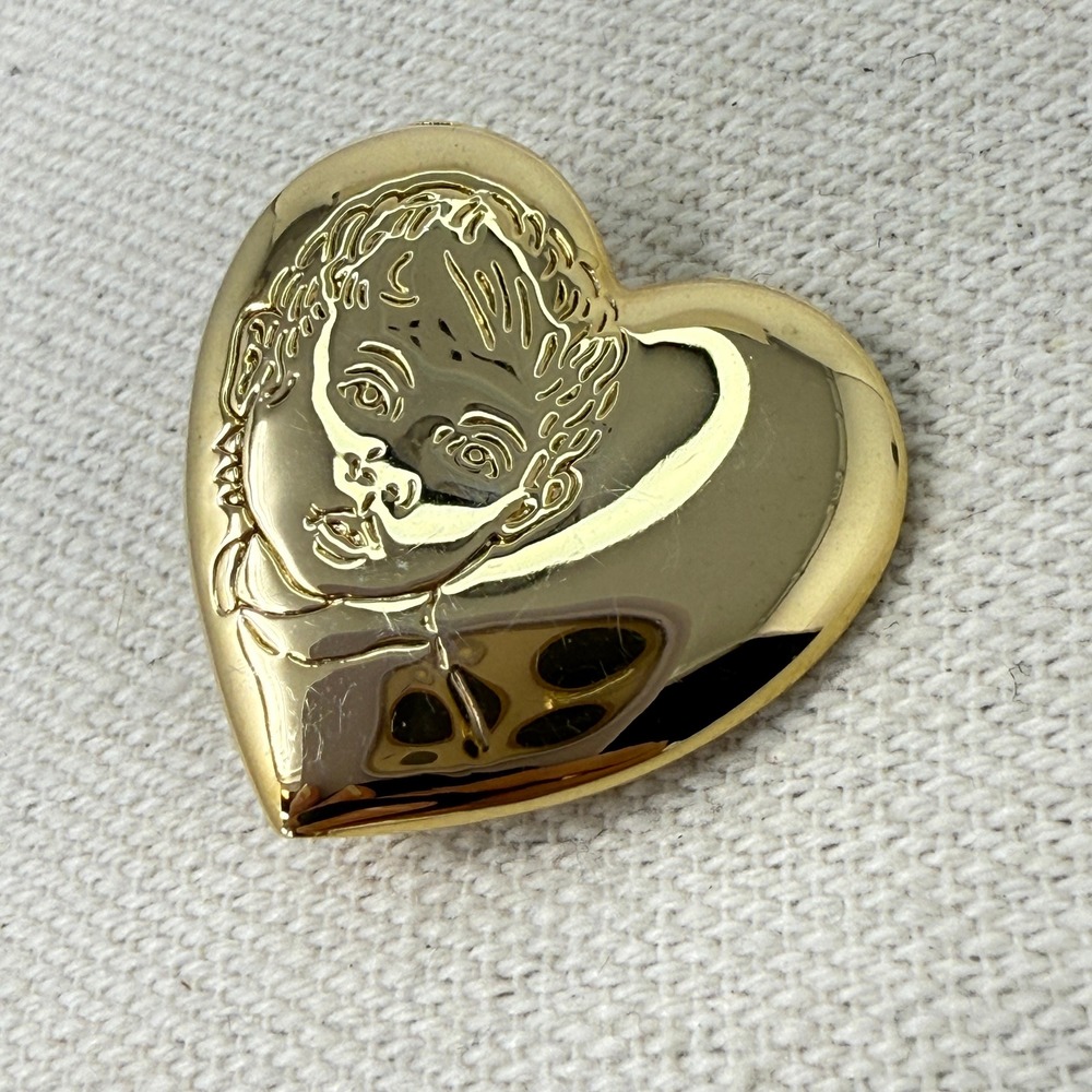 The Variety Club Puffy Heart Pin Brooch Cherub Baby Face Relief‎ Gold Tone
